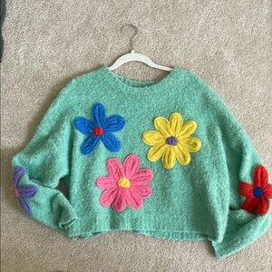 Orlinn Paris Floral Embroidered Green Sweater